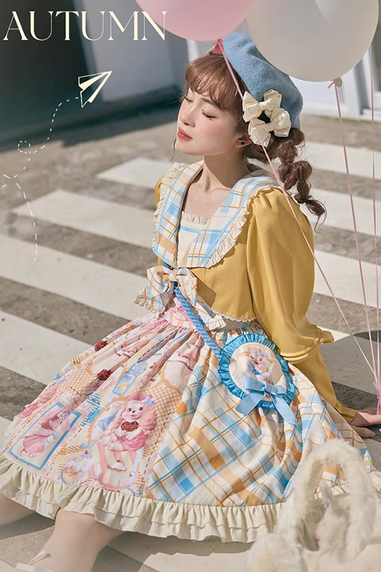 Yellow/Pink Cat Holiday Print Ruffle Bowknot Fake Two Pieces Sweet Lolita Dress