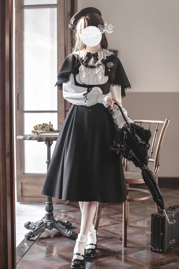 Black/White Sunset Academy Long Sleeves Ruffle Bowknot Fake Two Pieces Vintage College Style Elegant Lolita Dress