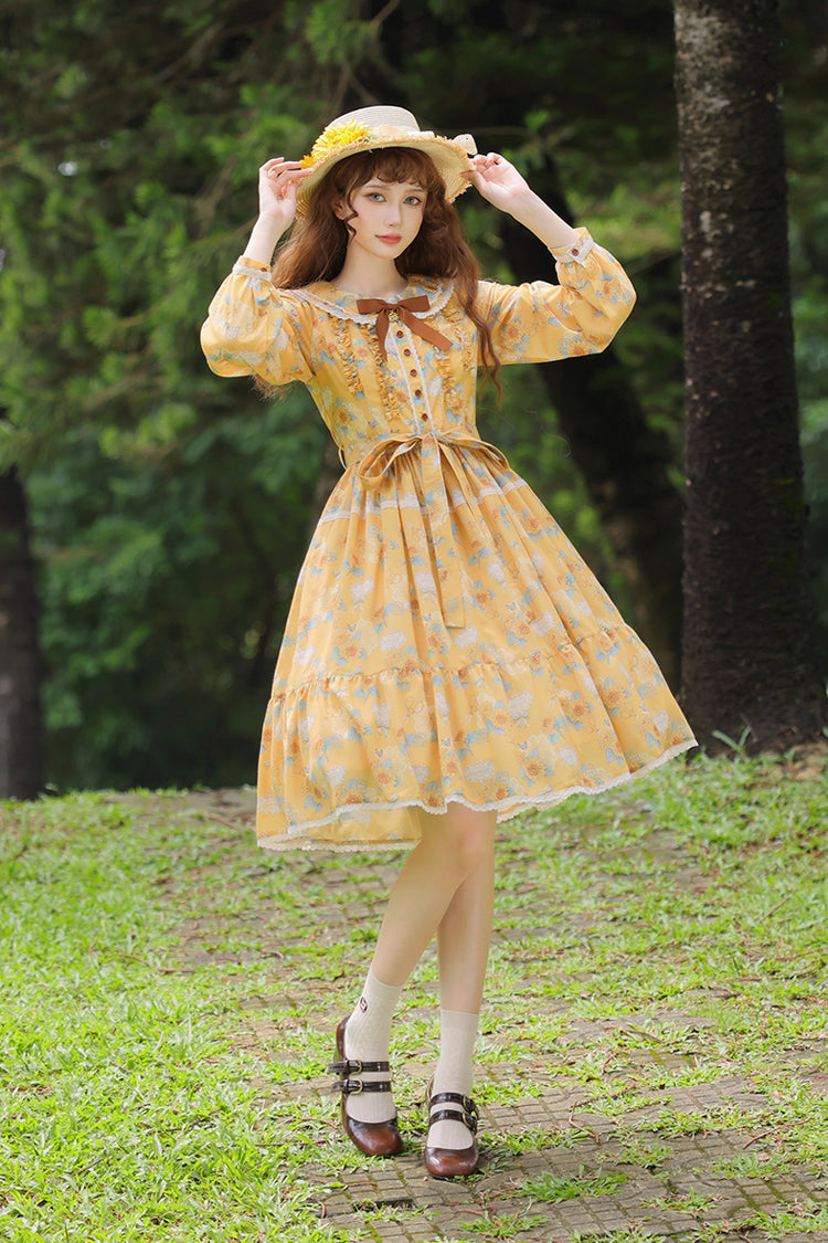 Yellow Gardening Sunflower Long Sleeves Print Ruffle Bowknot Sweet Elegant Lolita Dress