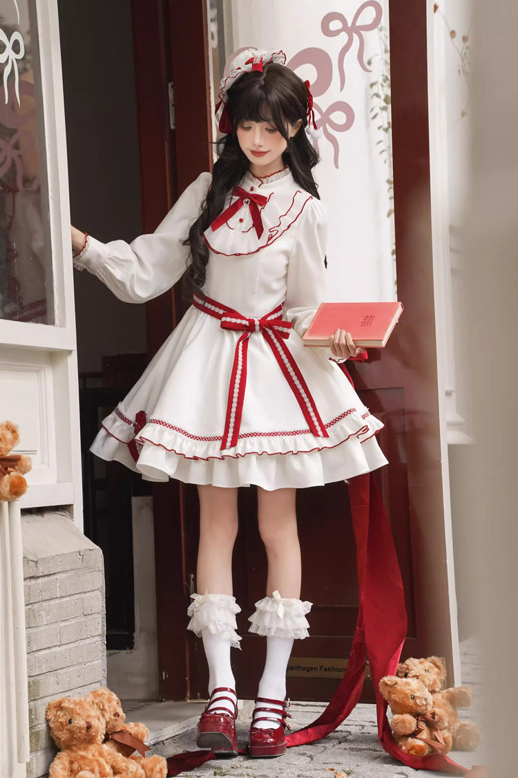 Red/White Red Vow Stand Collar Long Sleeves Multi-Layered Ruffled Bow Sweet Lolita Dress