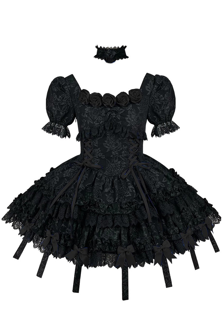 Pure Black Puff Short Sleeves Princess Gothic Lolita Tiered Dress
