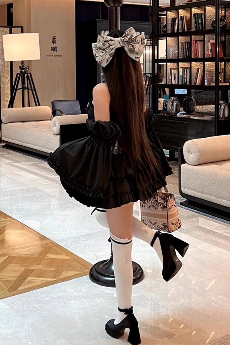 Black Gentle Treasure Print Ruffle Embroidery Bowknot Gothic Princess Lolita Strapless Dress