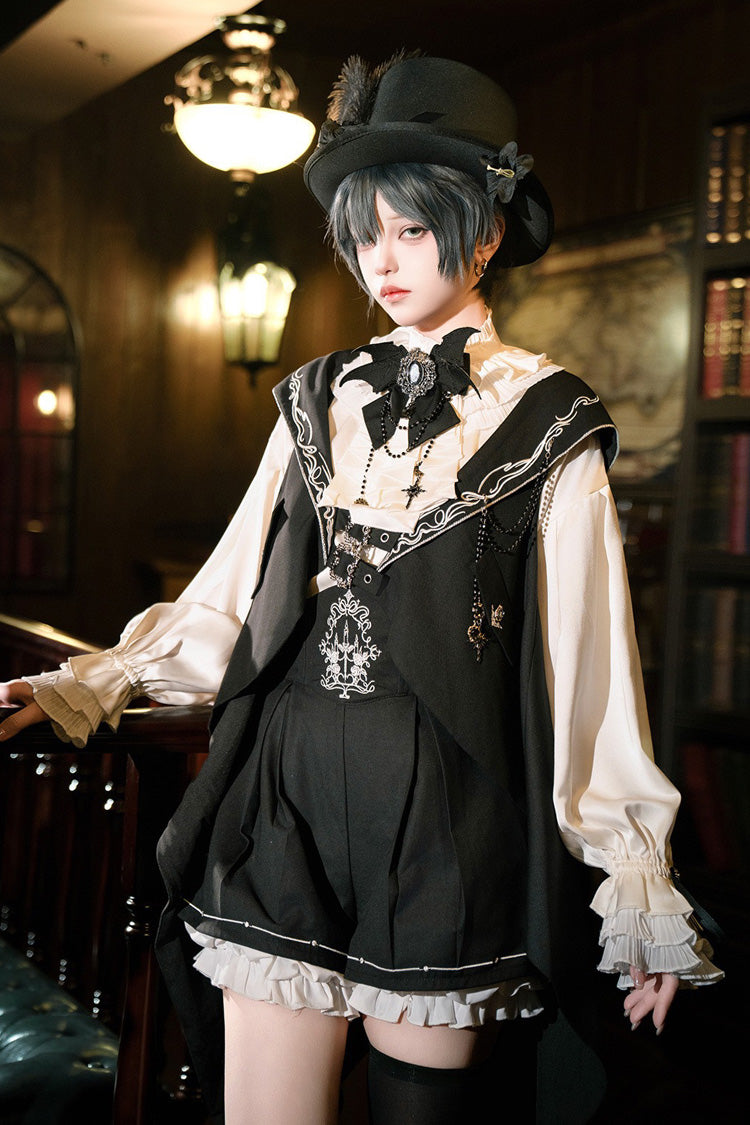 Black Bunny-Eared Meteorite Long Sleeves Embroidered Gothic Prince Ouji Lolita Shorts Vest Set