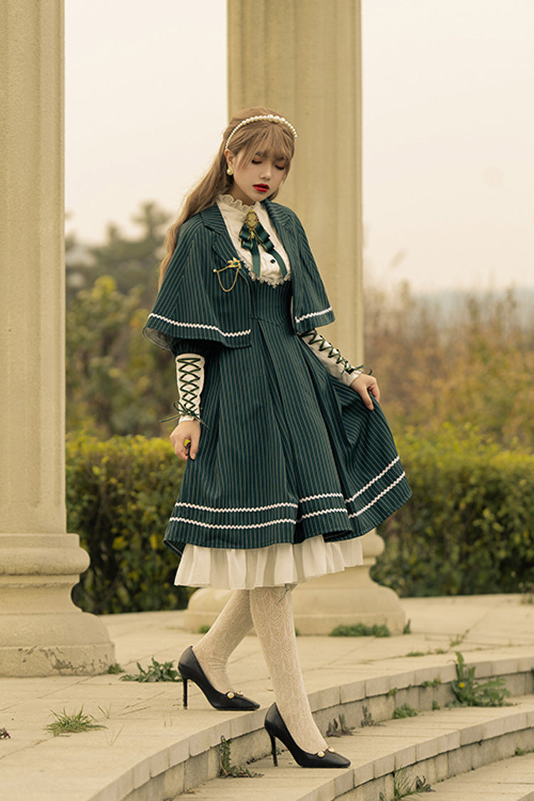 British Girl Long Sleeves Striped Print Ruffle Sweet Elegant Lolita Dress 2 Colors