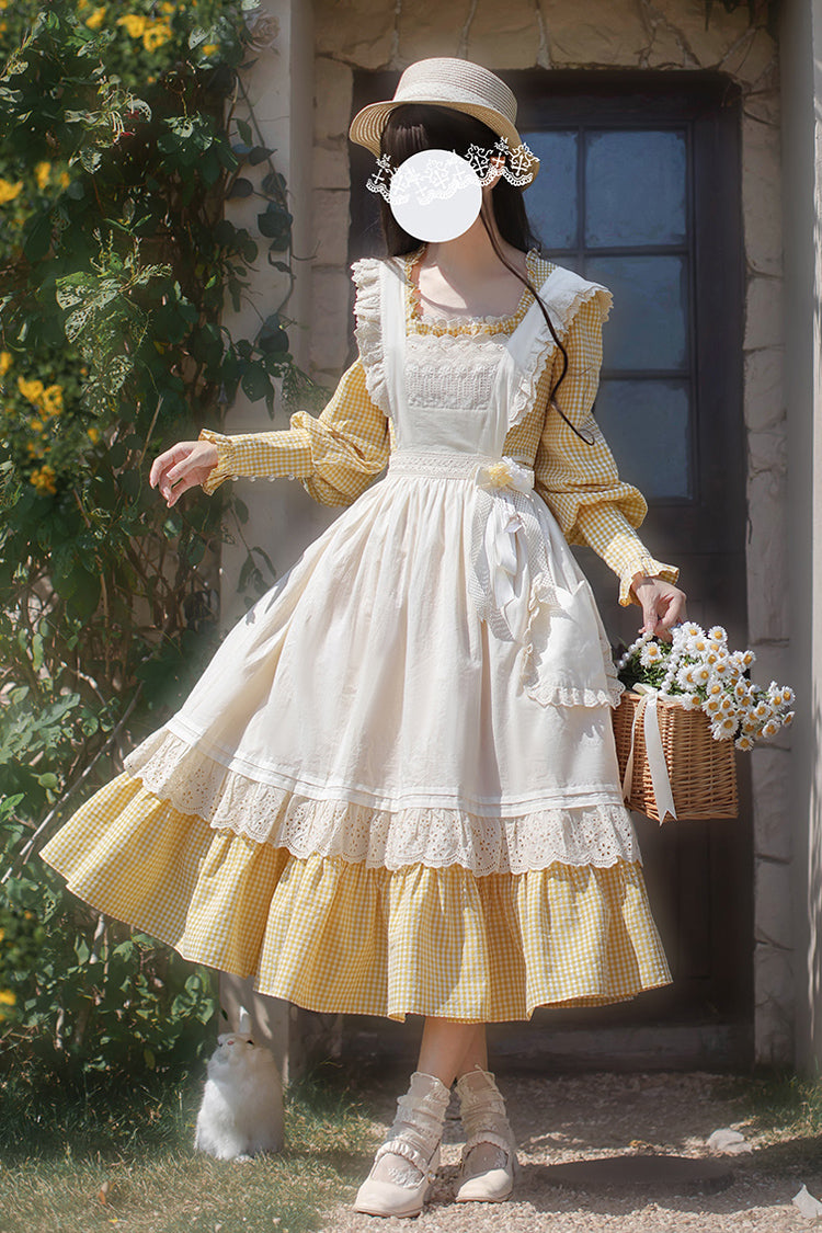 Yellow Long Sleeves Print Ruffle Lace-Up Sweet Elegant Lolita Dress