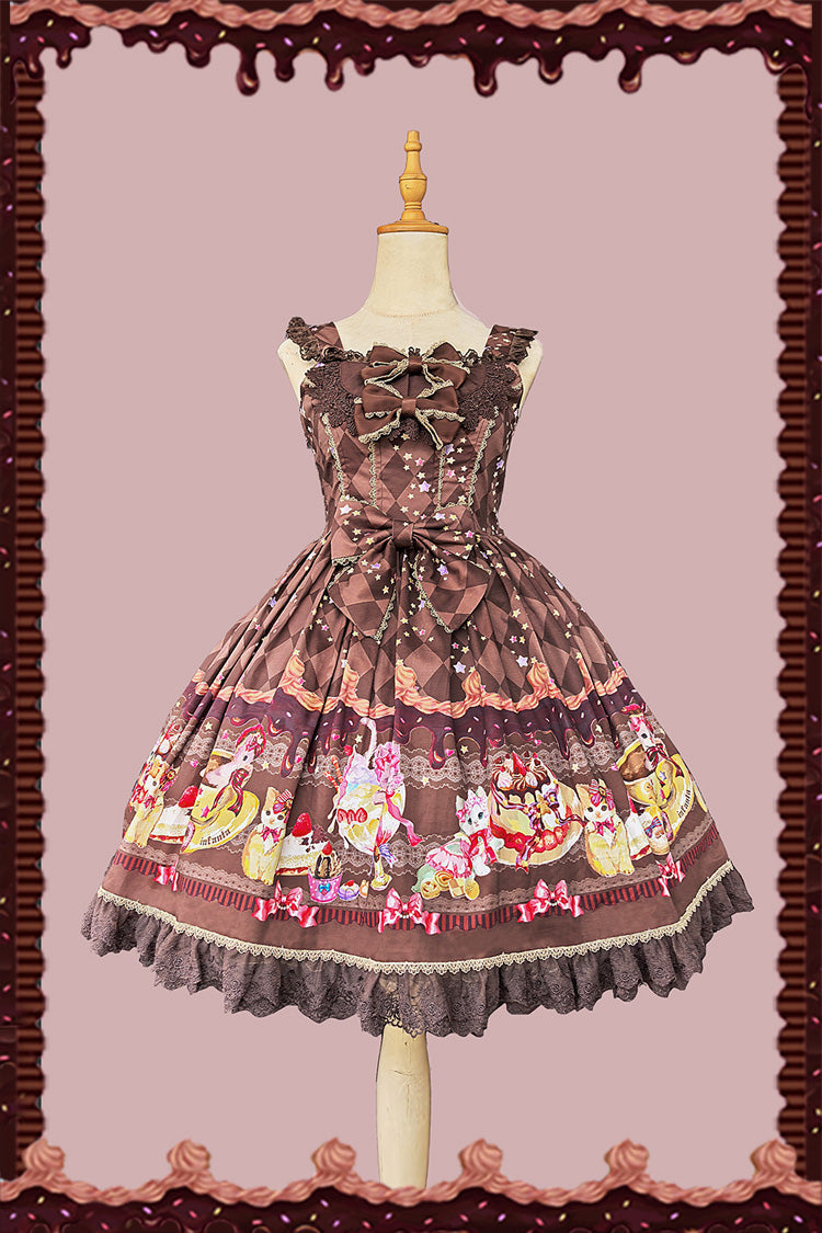 Cream Meow Sleeveless Print Bowknot Lace Sweet Lolita Jsk Dress 3 Colors
