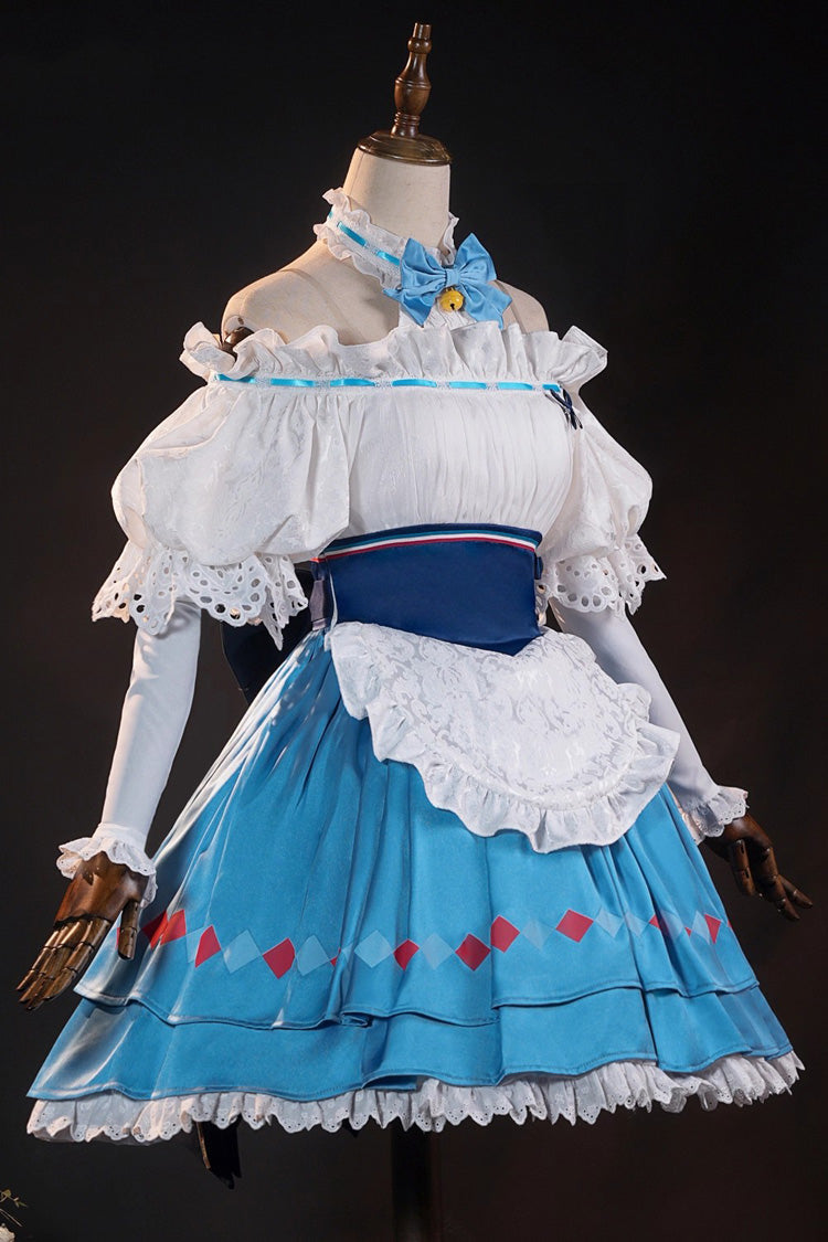 Blue/White Arknights Short Puff Sleeves Double-Layered Print Bowknot Lace Cosplay Classic Lolita Dress Set