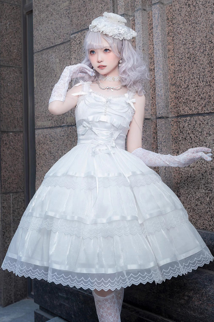 White Sleeveless Multi-layer Ruffle Bowknot Sweet Princess Lolita Jsk Dress