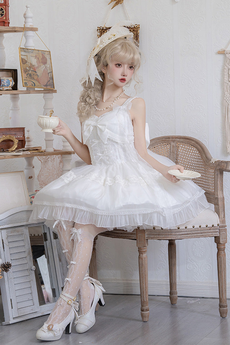 White Bright Moonlight Sleeveless Ruffle Bowknot Lace Lace-Up Sweet Elegant Lolita Jsk Dress