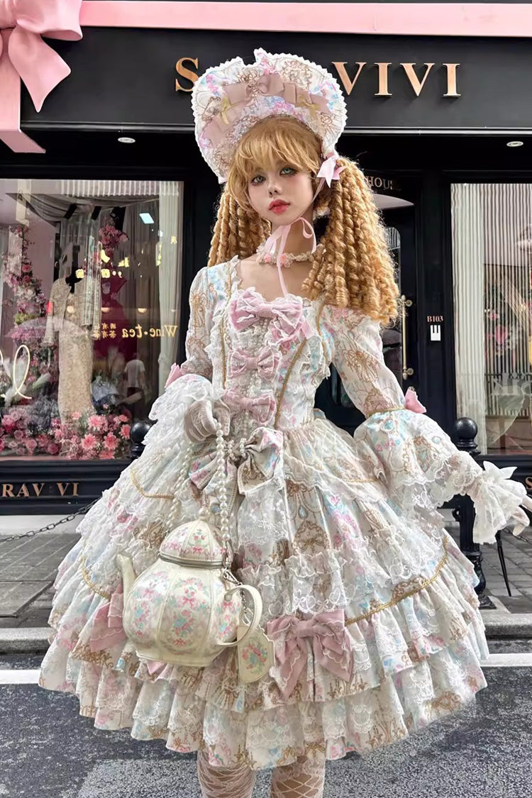 Apricot Candlelight Elegance Long Trumpet Sleeves Multi-Layered Ruffle Bowknot Lace Sweet Elegant Lolita Dress