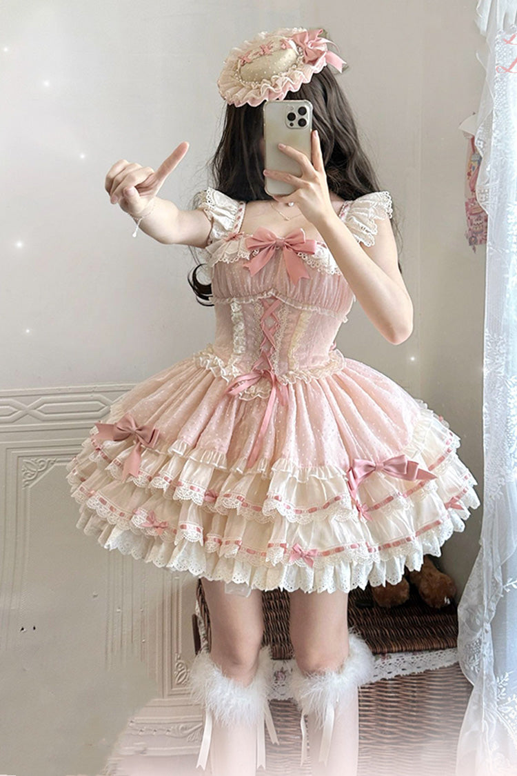 Pink Flory Butterfly Double-Layered Ruffle Bowknot Lace Lace-Up Sweet Ballet Lolita Jsk Dress