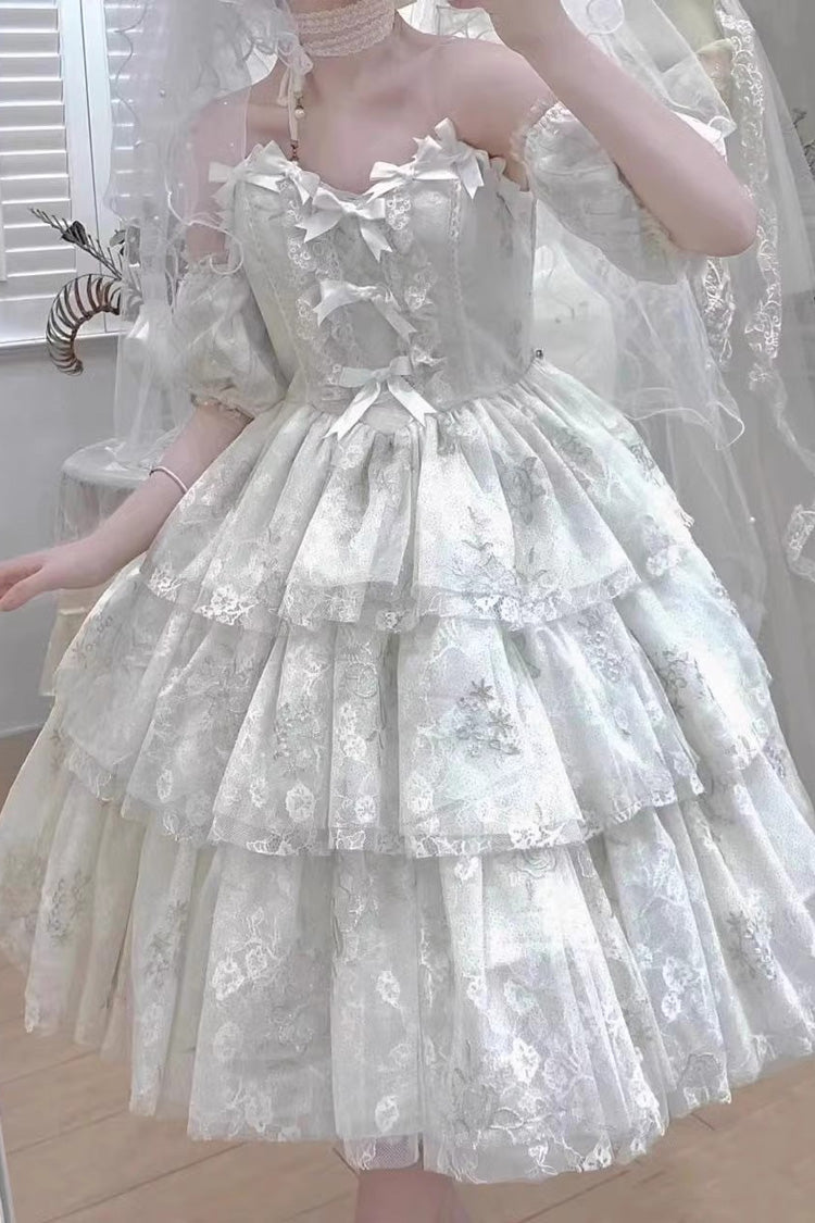 White Short Sleeves Multi-layer Print Hanayome Bowknot Sweet Princess Lolita Strapless Dress