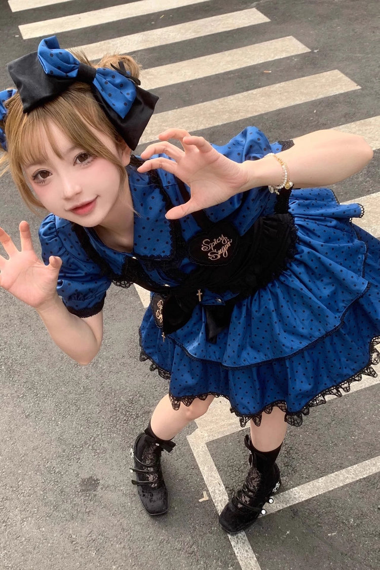 Blue/Black Multi-Layer Polka Dot Print Bowknot Princess Sweet Lolita Skirt Set