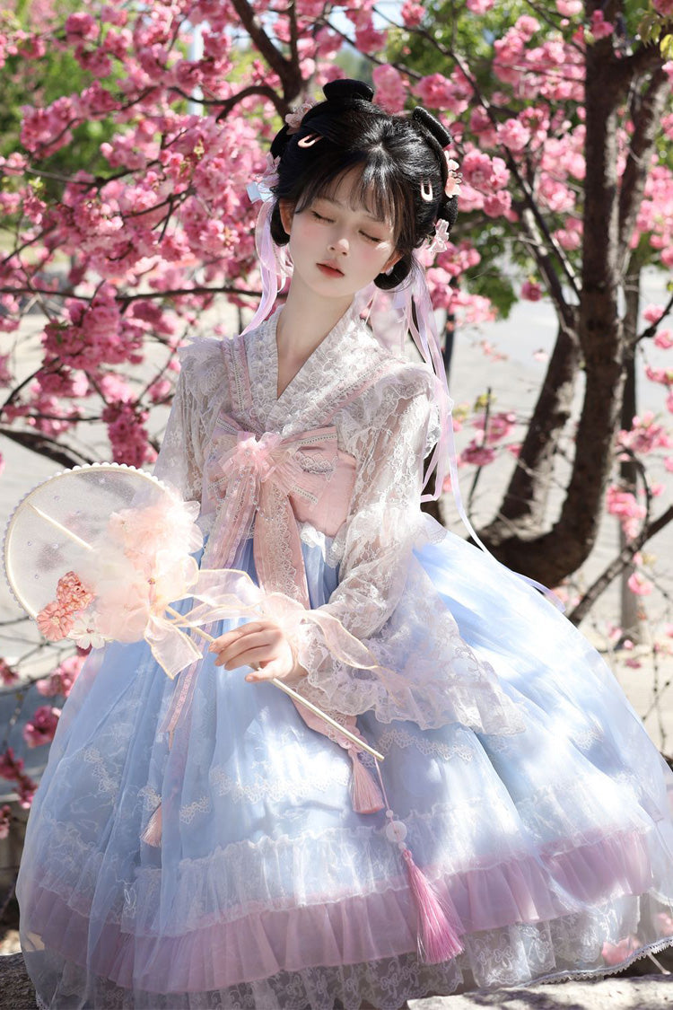 Peach Blossoms in Spring Fields Sleeveless Ruffle Bowknot Lace Sweet Chinese Style Lolita Jsk Dress 3 Colors