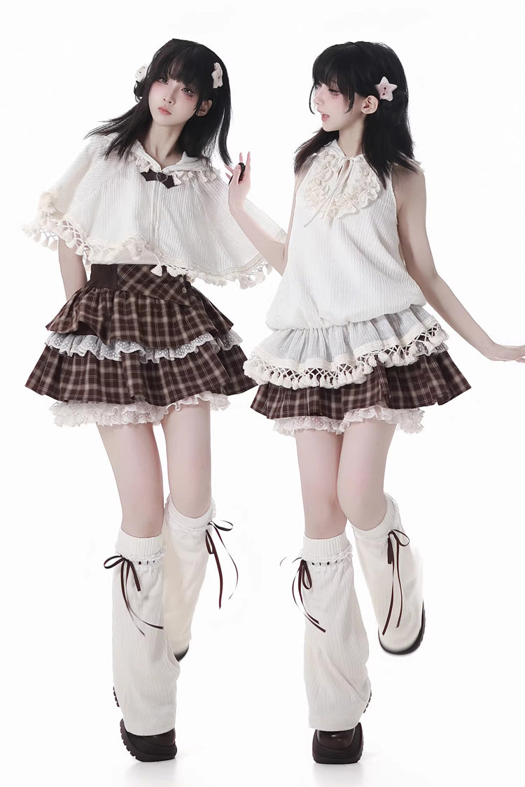 Brown Warm Summer Days Double-Layered Printed Ruffled Spliced Lace Sweet Lolita Skirt