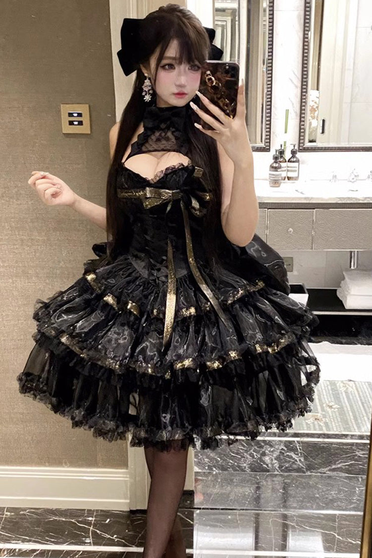 Black First Kiss Halterneck Triple-Layered Ruffle Lace Hot Stamping Gothic Princess Lolita Dress