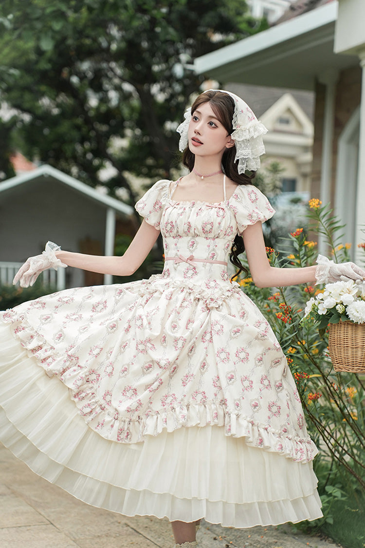 Ivory Rose After The Rain Short Sleeves Triple-Layered Print Ruffle Bowknot Lace-Up Sweet Lolita Long Dress