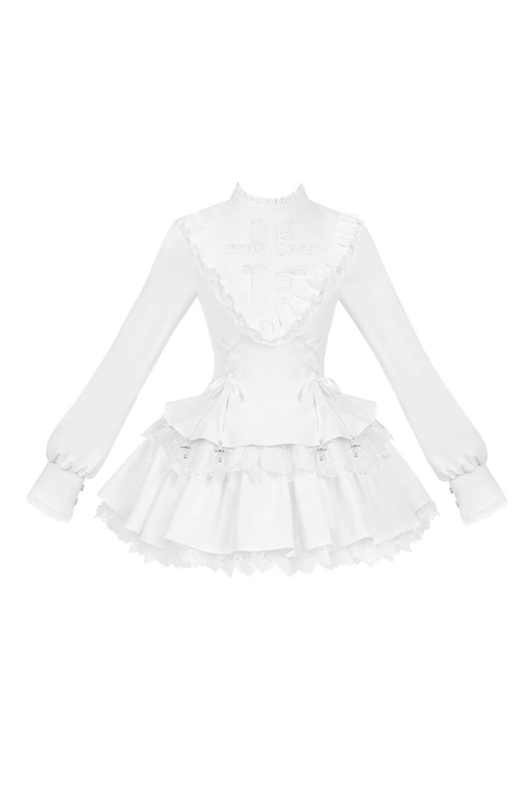 White Long Sleeves Ruffle Lace-Up Sweet Handsome Lolita Dress