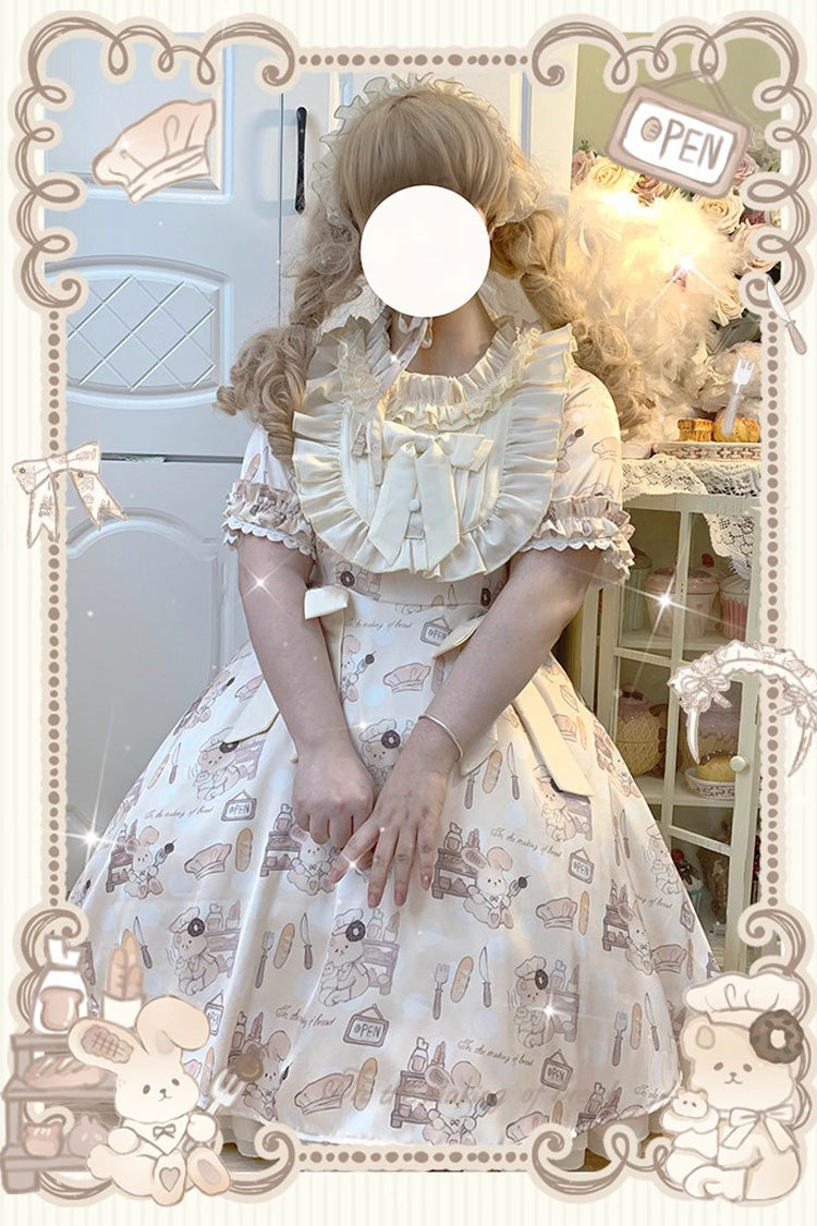 Ivory Short Puff Sleeves Print Ruffle Bowknot Plus Size Princess Lolita Dress