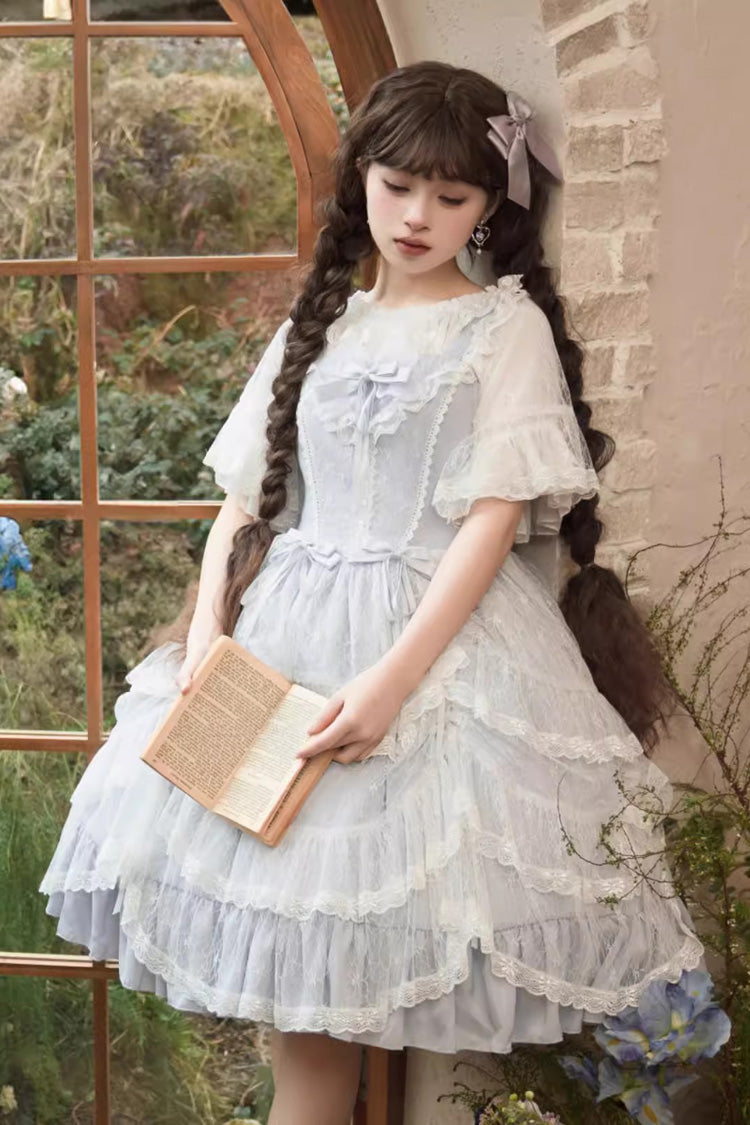 Blue Iris Love Multi-layer Jacquard Bowknot Sweet Elegant Princess Lolita Jsk Dress