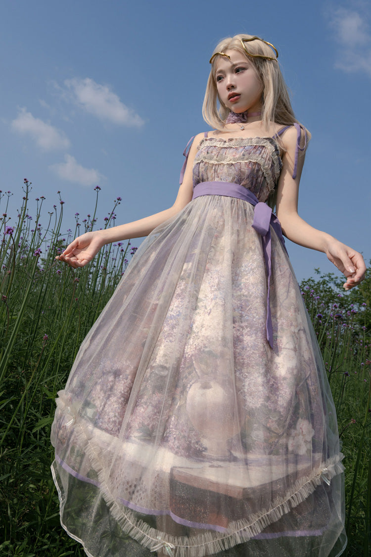 Purple Oil Painting – In the Shade of Blossoming Trees Sleeveless Print Ruffle Bowknot Lace Sweet Lolita Jsk Dress