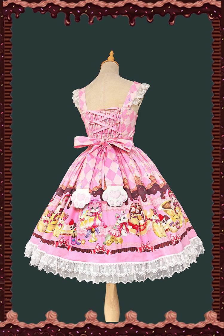 Cream Meow Sleeveless Print Bowknot Lace Sweet Lolita Jsk Dress 3 Colors