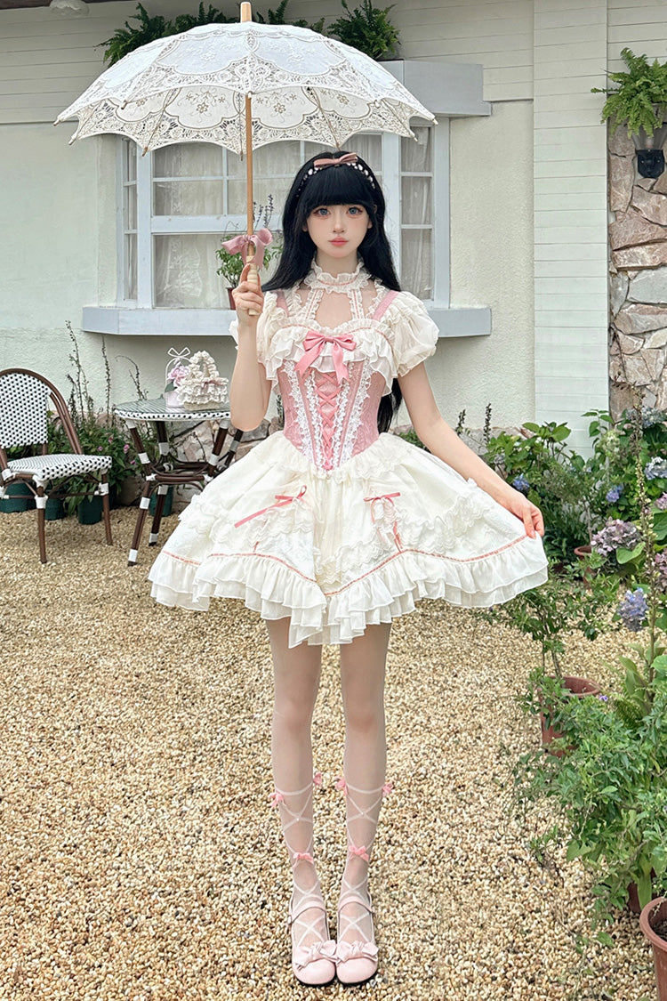White/Pink Secret Garden Multi-layer Ruffle Bowknot Lace-Up Sweet Princess Lolita Jsk Dress