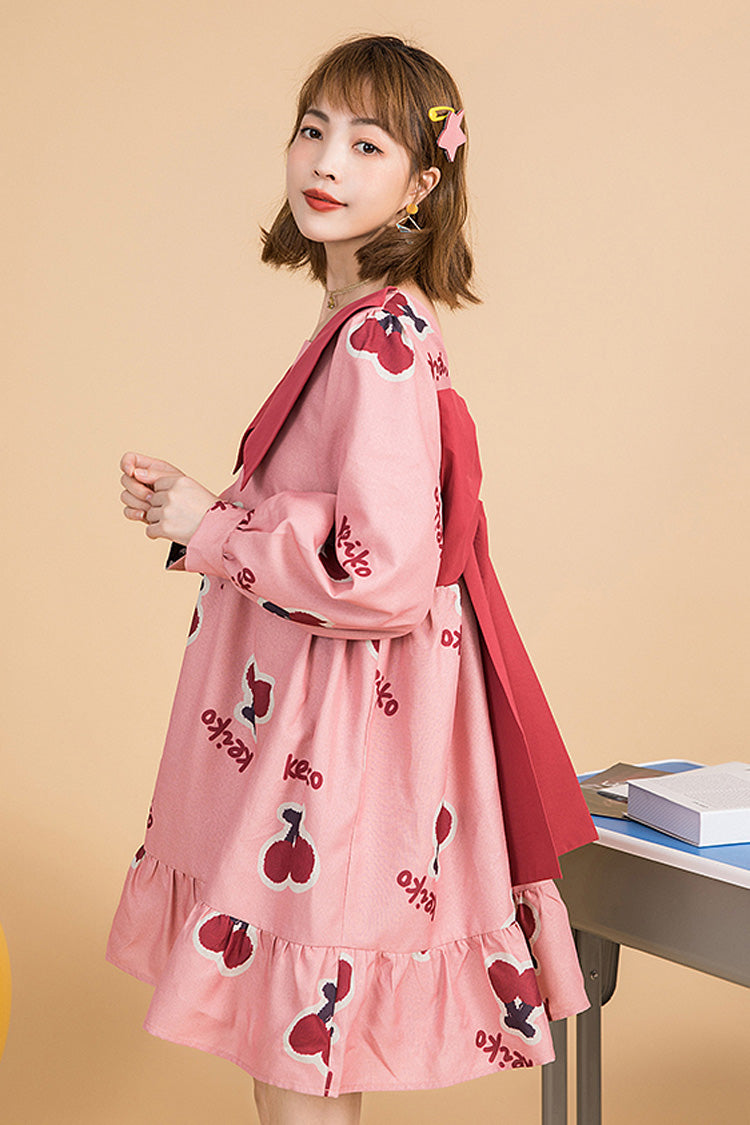 Pink Lapel Collar Long Sleeved Cherry Print Stitching Bowknot Ruffled Slimming Sweet Lolita Dress