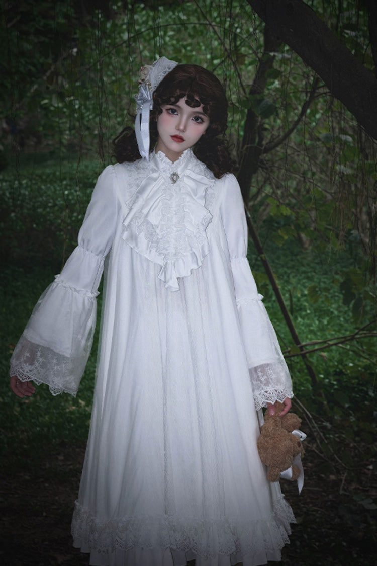 White Requiem Stand Collar Long Sleeves Ruffle Lace Gothic Lolita Dress