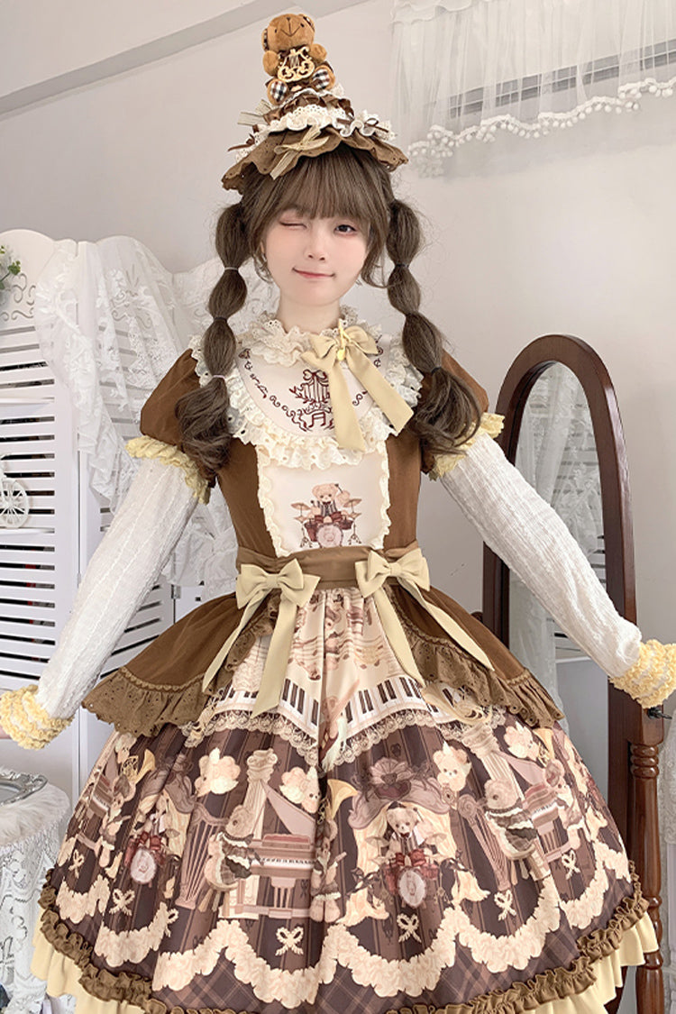 Brown Little Bear Concerto Print Ruffle Bowknot Sweet Princess Lolita Dress