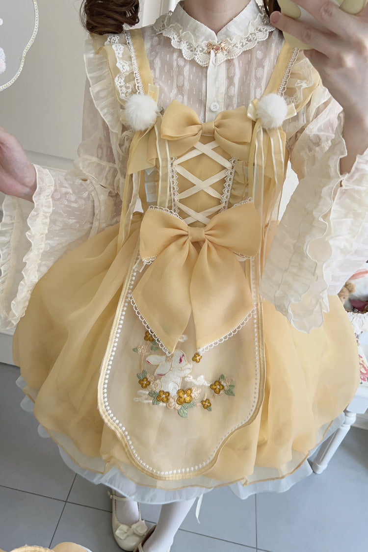 Yellow Moon Rabbit Shadow Embroidery Ruffle Bowknot Lace Sweet Lolita Jsk Dress