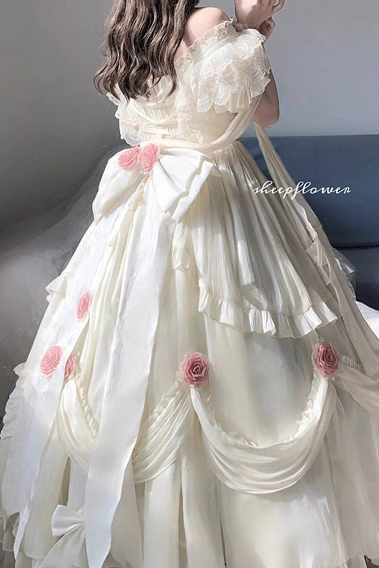 Ivory Tana Manor Rose Flower Long Sleeves Ruffle Bowknot Elegant Sweet Princess Lolita Strapless Dress