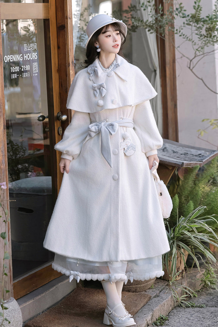 White/Blue Sunny Sky Snow Doll Long Sleeves Embroidered Bow Sweet Elegant Lolita Skirt Coat Set