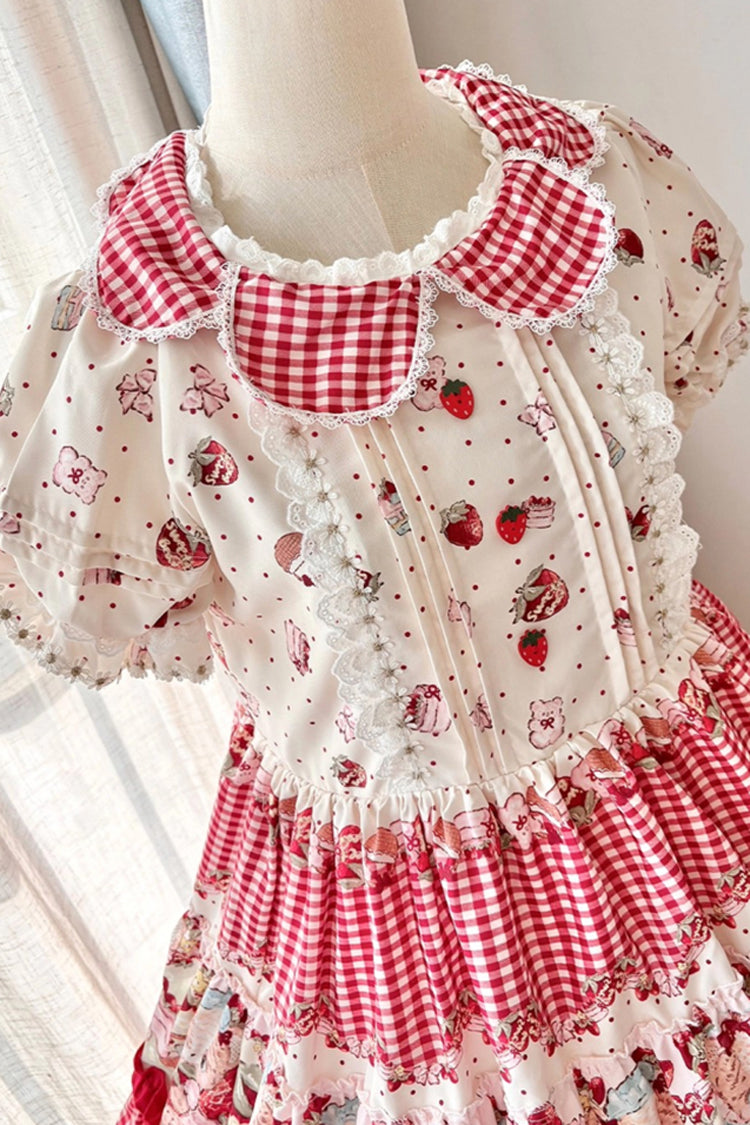 Red Bear Strawberry Ode Print Short Sleeves Double-Layered Ruffle Bowknot Sweet Princess Lolita Jsk Dress
