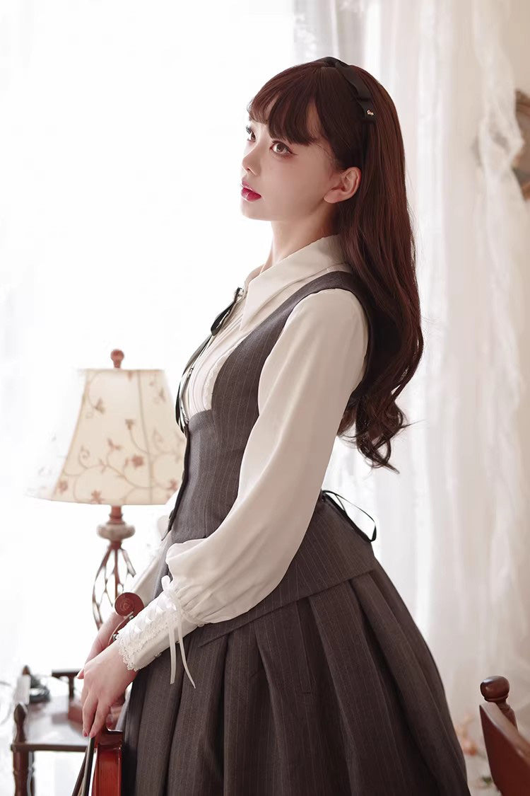 Grey Griffin's Pact Striped Printed Ruffled Gothic Lolita Skirt Vest Set
