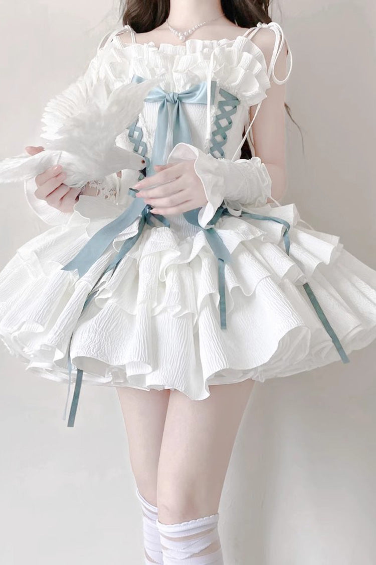 Thousand Paper Cranes Sleeveless Multi-Layered Ruffle Bowknot Lace-Up Fishbone Gothic Lolita Jsk Dress 4 Colors