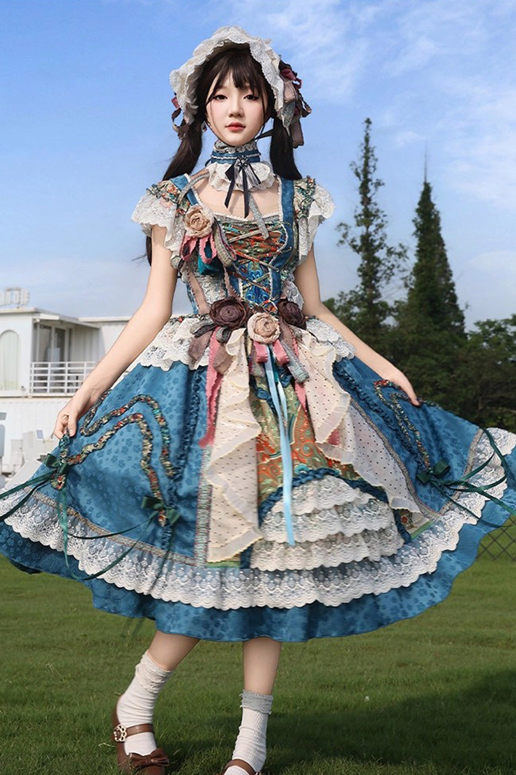Blue Lake Monet Sleeveless High Waisted Print Ruffle Cardigan Bowknot Lace-Up Classic Vintage Elegant Princess Lolita Jsk Dress