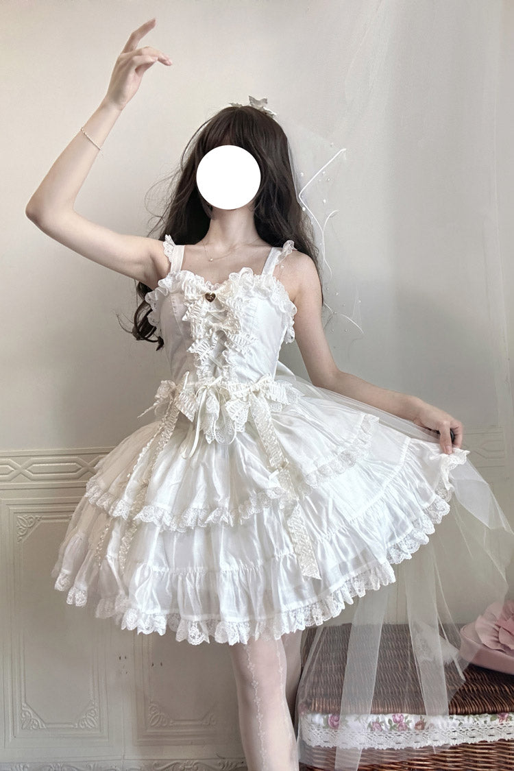 White Sweetheart Splolita Ruffle Bowknot Lace-Up Sweet Lolita Skirt Set