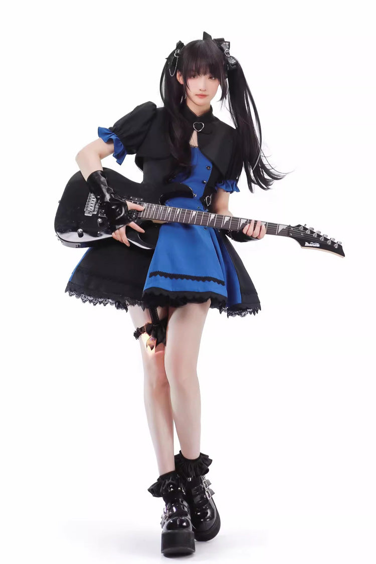 Black/Blue Night Liana Ruffle Bowknot Lace-Up Sweet Japanese Lolita Jumper Dress Set
