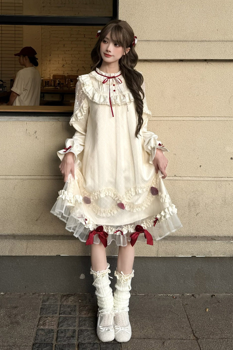 Ivory Strawberry Cream Cake Stand Collar Long Sleeves Ruffled Bow Lace Sweet Lolita Dress