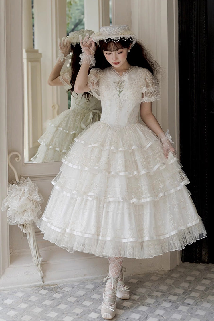 White Morning Dew Lily Short Sleeves Multi-Layered Ruffle Embroidery Sweet Elegant Lolita Dress