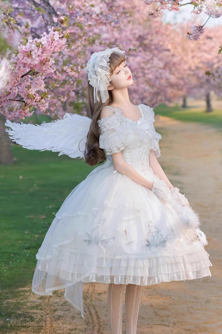 White Love Is Coming Multi-layer Ruffle Embroidery Bowknot Sweet Princess Lolita Jsk Dress