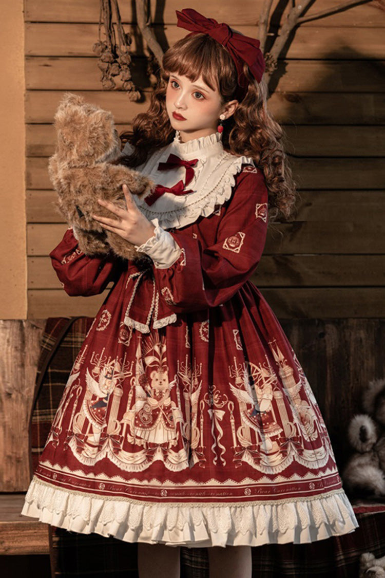 Doll Collar Lantern Long Sleeves Stitching Bear Paradise Print Ruffled Hanayome Sweet Lolita Op Dress