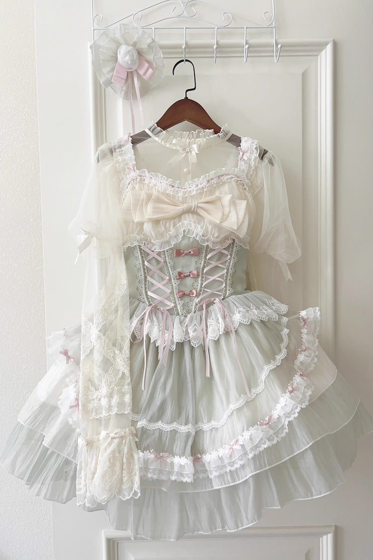 Light Green Camellia Decoration Bowknot Lace-Up Sweet Lolita Jsk Dress