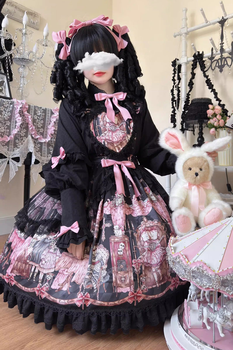 Black The Case of the Missing Lamb Print Ruffle Bowknot Lace Gothic Lolita SK Skirt