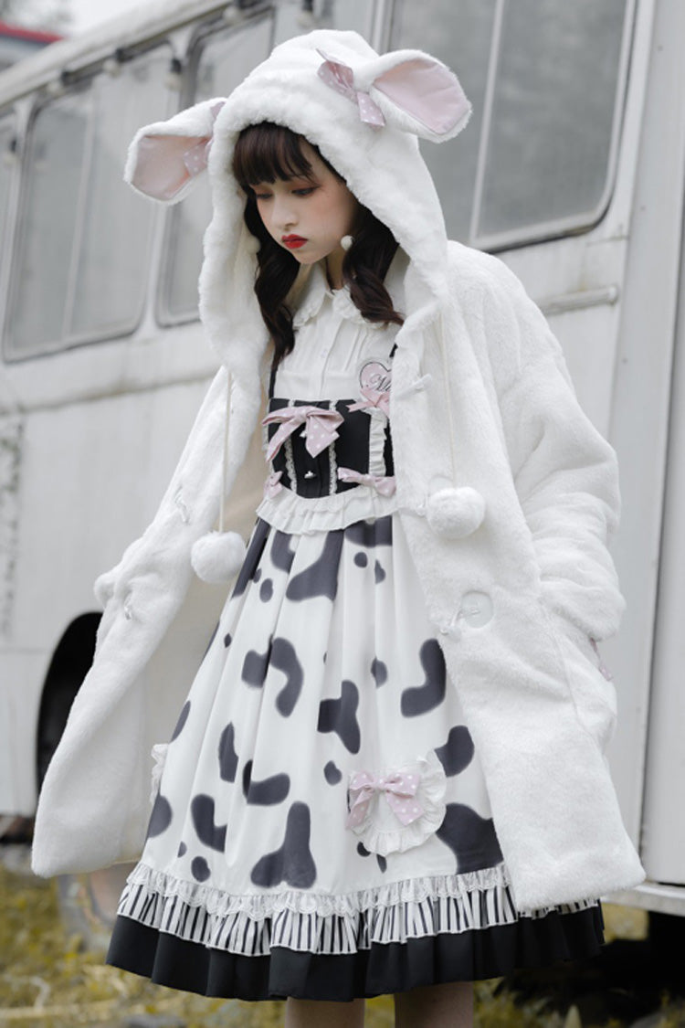 Black/White High Waist Ruffled Milk Pudding Printed Sweet Lolita Jsk Dress