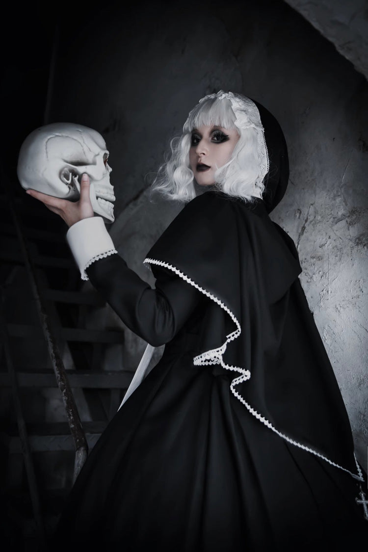 Black Nun Long Sleeves Print Stitching Lace Gothic Elegant Lolita Dress