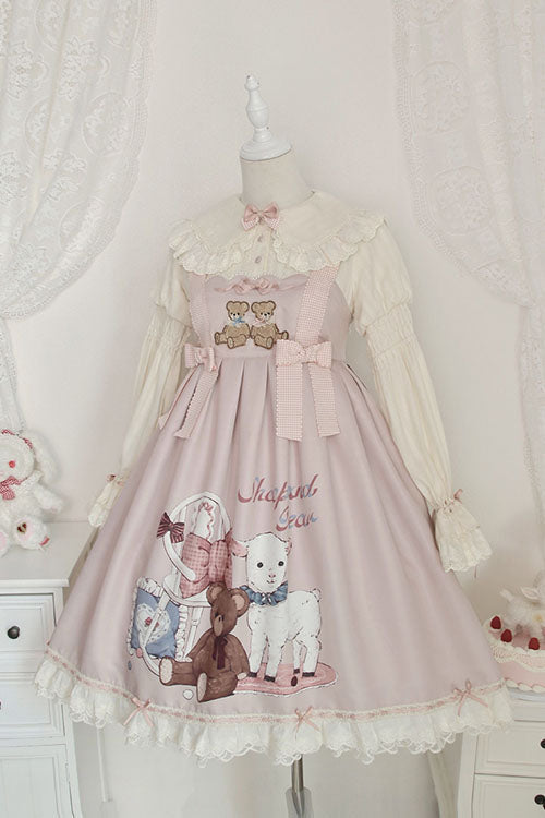 Pink Sheep & Bear Print Alice Girl Bowknot Ruffled Sweet Lolita JSK Dress