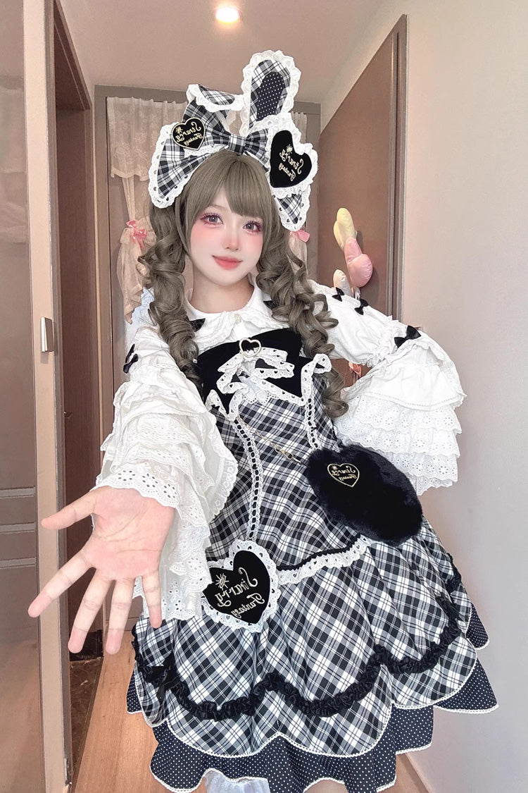 Black/White Shibuya Sweetheart Sleeveless Plaid Print Ruffle Bowknot Sweet Lolita Jsk Dress (Plus Size Support)