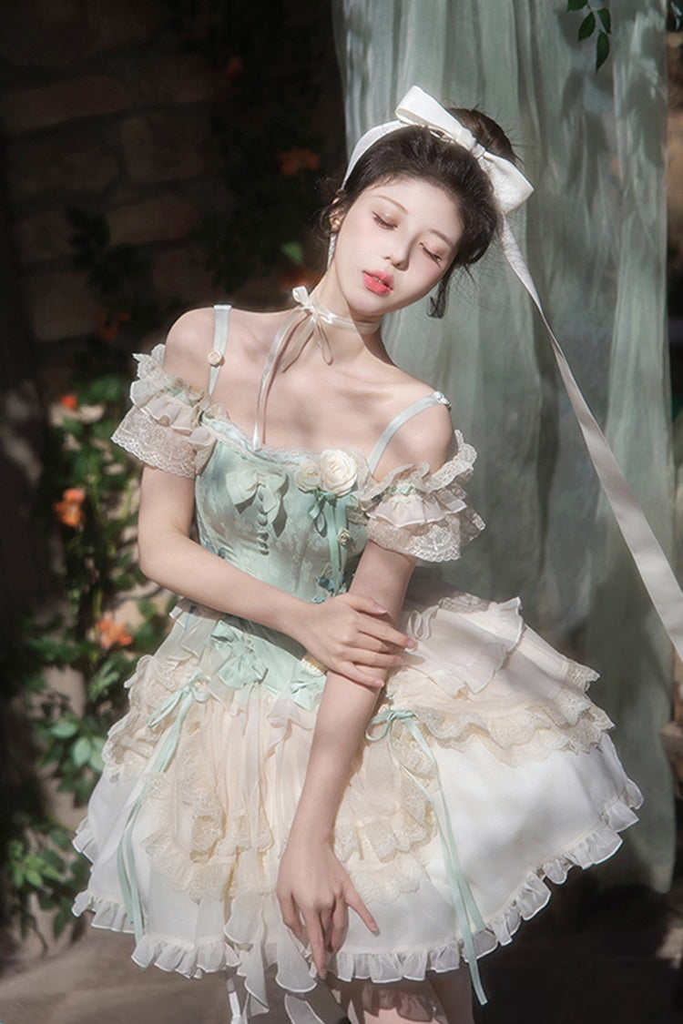 Light Green Off Shoulder Ruffle Bowknot Lace Sweet Elegant Princess Ballet Lolita Tiered Dress